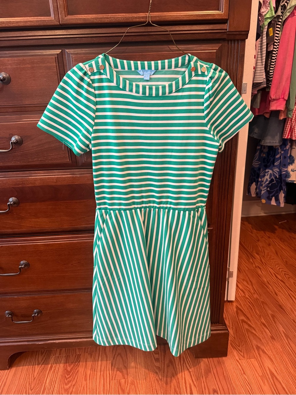 Women’s Draper James Green and White Striped Short Sleeve Dress